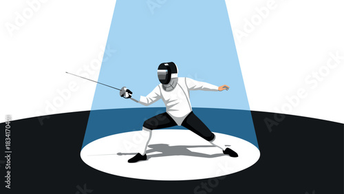 Dynamic fencing scene with spotlight: athlete in action