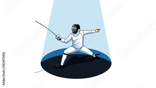Dynamic fencing pose under spotlight with modern sports equipment