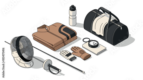 Fencing gear and sports essentials in isometric design