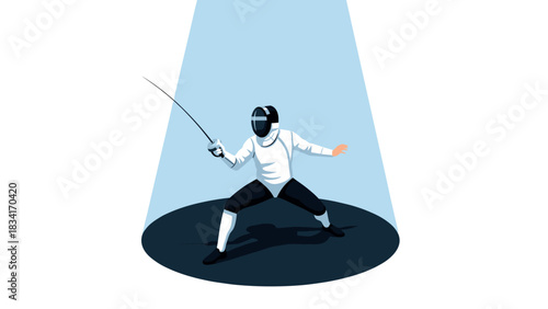Dynamic fencing pose with spotlight on athlete in action