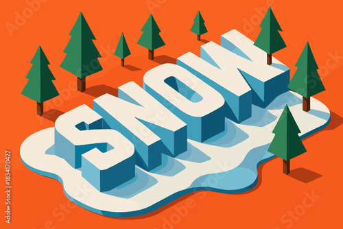 Isometric Winter Wonderland. Paper cut-out winter landscape. isometric 3D lettering, bold blocky snow and tree