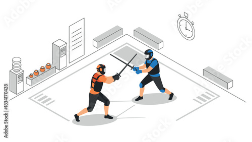Isometric martial arts training scene with protective gear in modern gym setting