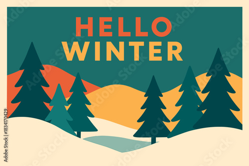 Minimalist Winter Scene. Paper cut-out winter landscape. Modern minimalist poster banner, bold sans-serif