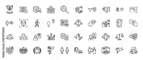 Security and surveillance line icon set. Vector pictograms of cctv, face recognition, data monitoring, and legal compliance, thin outline illustration.