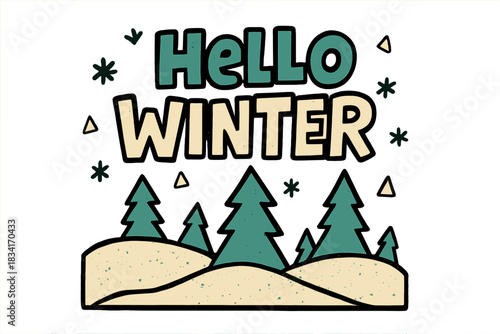Paper Cutout Winter. Paper cut-out winter landscape. bold doodle lettering, thick black outline, playful