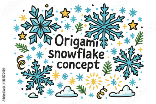 Festive Origami Snowflake Design. Origami snowflake concept. Hand-drawn doodle illustration of Origami