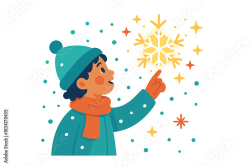 Magical Winter Wonder. Magical winter moment. Child reaches out to touch a luminous snowflake, snow gently