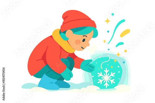 Enchanted Snowflake Discovery. Frosty magic. Child crouches in snow, discovering a radiant snowflake, small