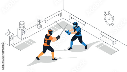 Isometric fencing match in modern gym setting with athletes in protective gear