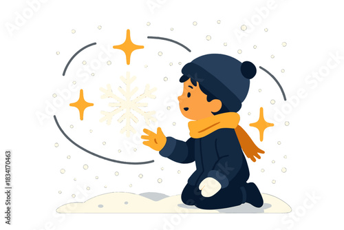 Winter's Glowing Wonder. Glowing winter discovery. Child reaches out to hovering snowflake, snow drifting in