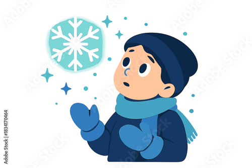 Winter Wonderment. Holiday curiosity. Child in scarf and mittens gazes at hovering luminous snowflake,