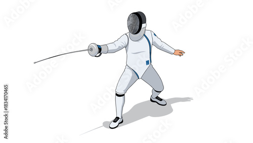 Fencer in action with sabre wearing protective gear