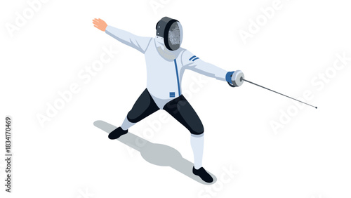 Fencer in action pose with rapier and protective gear in isometric style