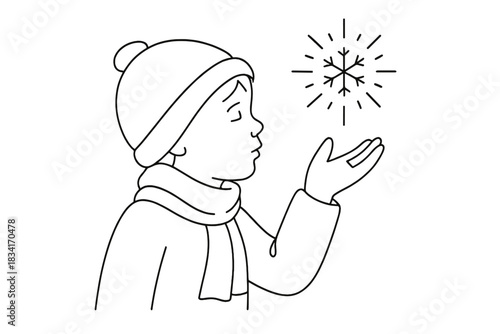 Child's Winter Wonder. Winter wonder discovery. Minimalistic one-line drawing child gazing at glowing