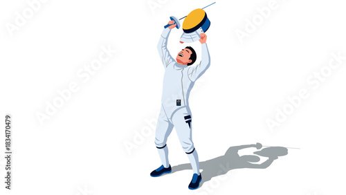 Triumphant fencer celebrating victory in sport competition