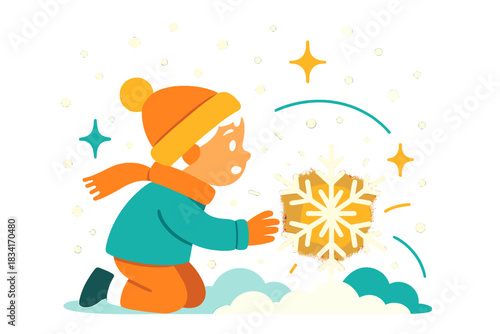 Child's Snowflake Discovery. First snow wonder. Child discovers luminous snowflake, soft snowflakes drift,