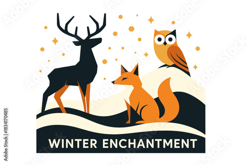 Winter Wildlife Magic. Winter Enchantment. Flat minimalist vector illustration of Winter Enchantment.