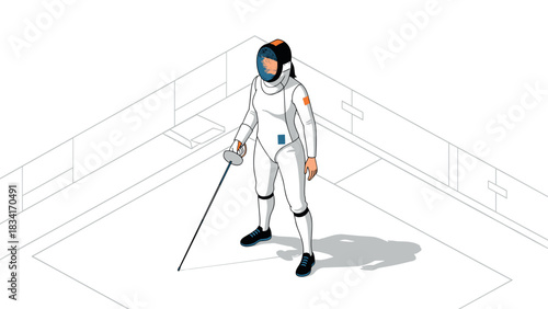 Fencer in white suit with mask holding sword in isometric indoor arena