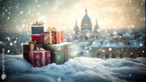 Winter holiday celebration concept. Christmas New Year. A Christmasthemed digital artwork featuring a stack of wrapped presents against a snowy backdrop.