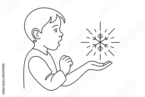 Amazed by Snowflake. Glowing snowflake discovery. Minimalistic one-line drawing child amazed by bright