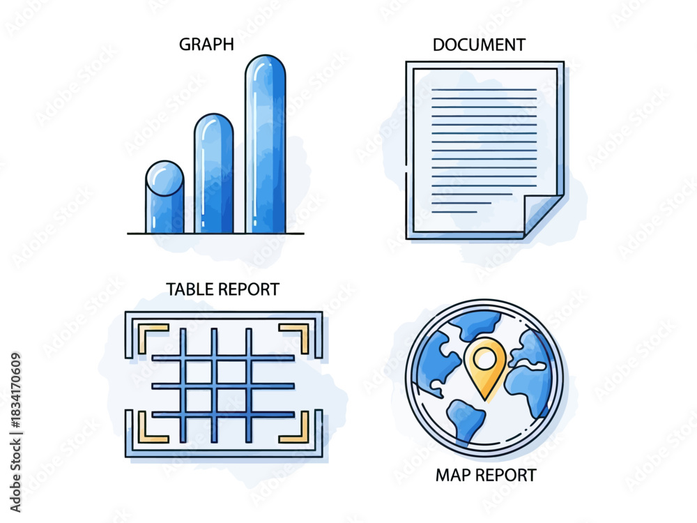 Obraz premium Set of Four Blue Watercolor Icons Representing Data Visualization and Reporting Concepts
