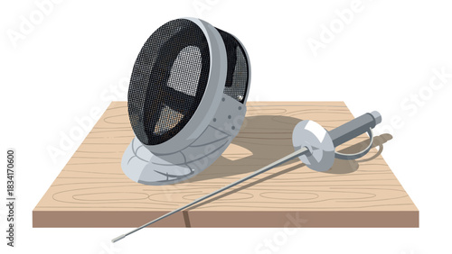 Fencing equipment with mask and foil on wooden surface