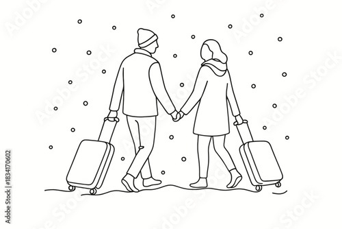 Couple in Snow. Couple traveling with suitcases in snow. Minimalistic one-line drawing of a couple walking
