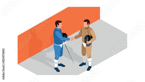 Isometric fencing athletes shaking hands in sportsmanship gesture