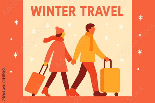 Snowy Travel Adventure. Couple traveling with suitcases in snow. Modern minimalist poster banner, bold