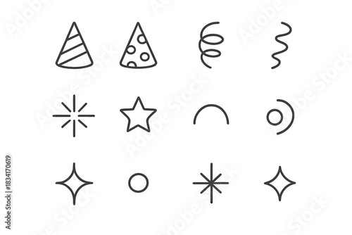 Celebration Icon Set. Flat lay celebration. Line outline icon set of Flat lay celebration: cone hat, polka dot