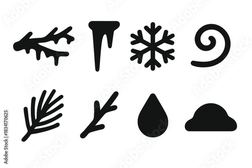 Frosted Branch Icons. Frosted branch scene. Filled icon set of Frosted branch scene: branch, icicle, snowflake