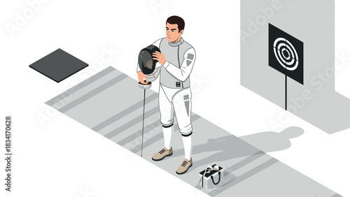 Fencer preparing for match in modern training facility with gear