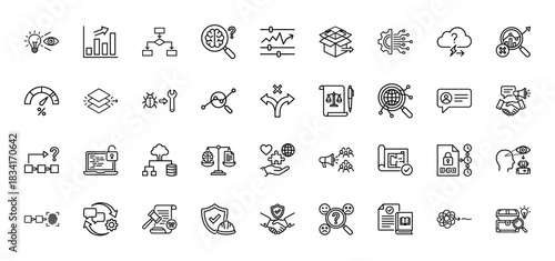 Business and data analysis line icon set. Vector pictograms of charts, decision trees, security, and strategy, thin outline illustration.
