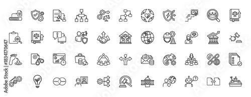 Law and justice line icon set. Vector pictograms of legal documents, security shields, handshake, gavel, and court building, thin outline illustration.