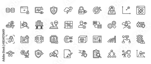 Cyber security and protection line icon set. Vector pictograms of data, lock, shield, firewall, and error, thin outline illustration.