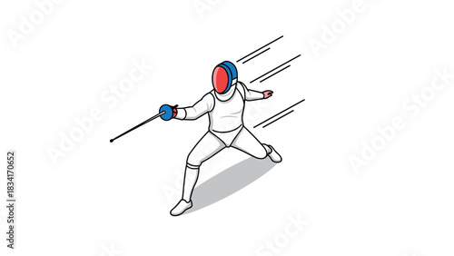 Isometric fencer in action with dynamic motion lines and red visor on white background