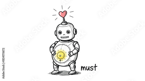 Love-struck Robot: A whimsical illustration of a robot, exuding affection with a heart glowing above and a lightbulb inside, symbolizing intelligence and emotion.