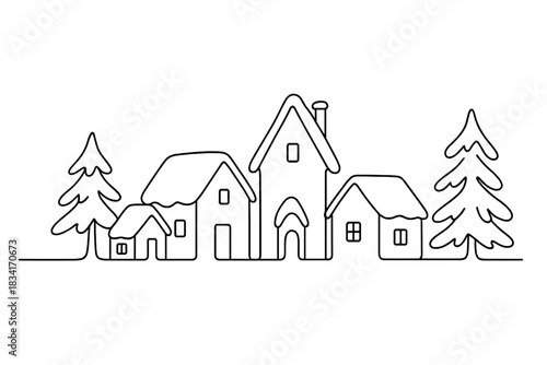 Winter Village Line Art. Winter magic village. Minimalistic one-line drawing tiny houses with snow-laden roofs
