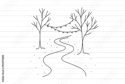 Enchanted Snowy Path. Snowy enchanted path. Minimalistic one-line drawing winding snowy path with fairy lights