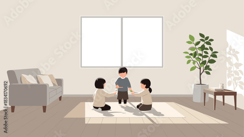 Children playing in minimalist living room with sunlight and indoor plants