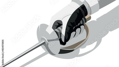Fencer's hand gripping sword in isometric style with dramatic shadows