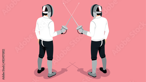 Two fencers in protective gear facing off in isometric style on pink background
