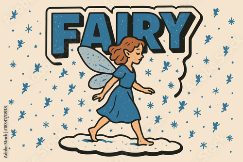Fairy Winter Wanderlust. Fairy walking through snow. retro sticker block lettering, bold cut-out outline in
