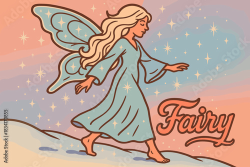 Retro Snow Fairy. Fairy walking through snow. 70s poster vibe, icy pastel gradient, thick outlines, offset