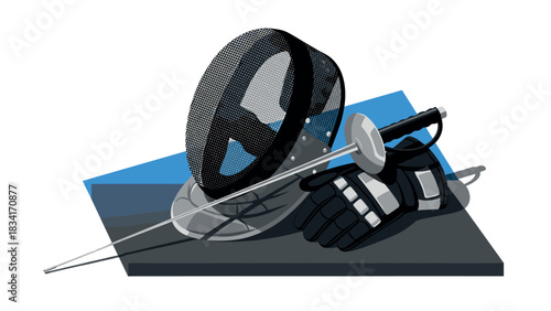 Fencing equipment: saber, mask, and glove on geometric background