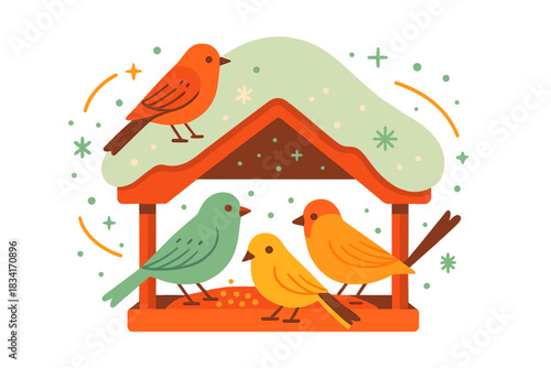 Winter Bird Feeder. Winter feeding time. Birds perched on a feeder with snow-laden roof, floating spark arcs