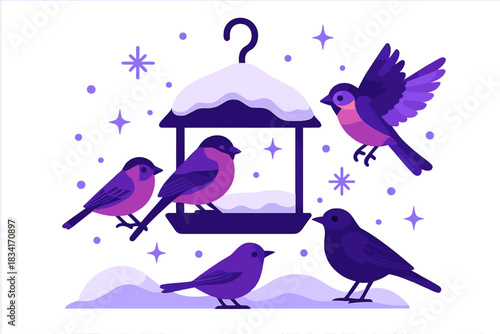 Winter Garden Birds. Winter garden bird scene. Feeder coated in snow, birds perched, snowflakes and floating