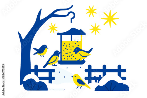 Winter Birds Feeding. Snowy backyard scene. Birds eat from a frosted feeder, abstract spark shapes float above