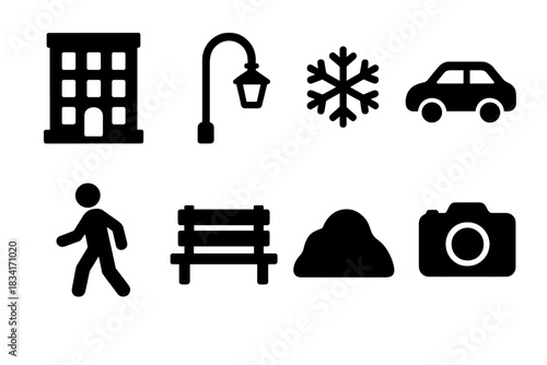 Winter Evening Icons. Winter evening street. Filled icon set of Winter evening street: building, street lamp,