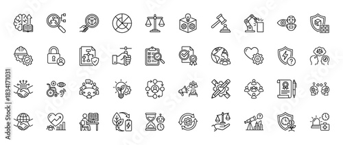 Corporate governance and ethical business line icon set. Vector pictograms of compliance, sustainability, and legal aspects, thin outline illustration.